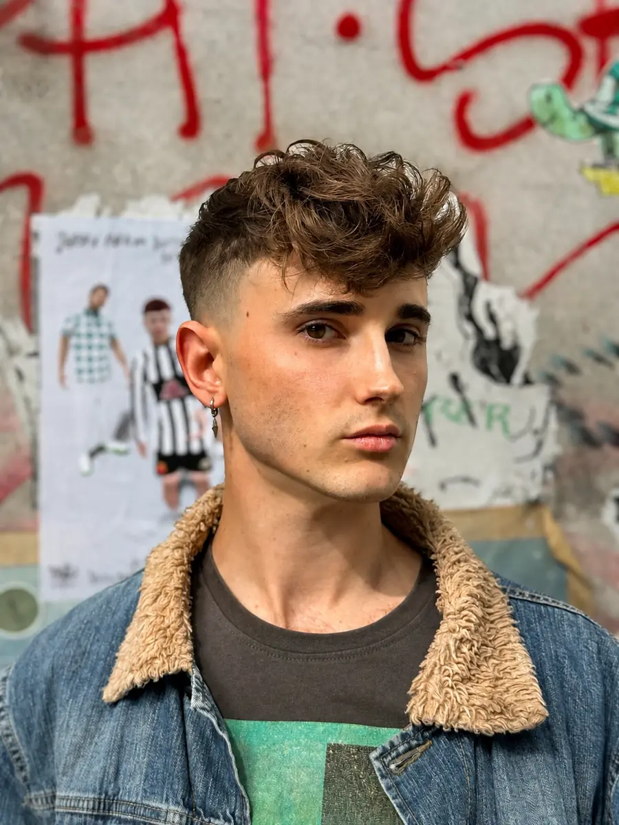 Corte masculino rizado con fade